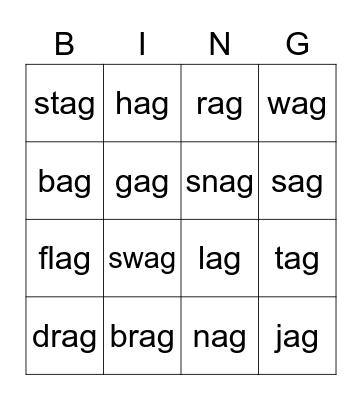 -ag Word Bingo #2, -ag Word Bingo #3, -ag Word Bingo #1, -ag Word Bingo #4 Bingo Card