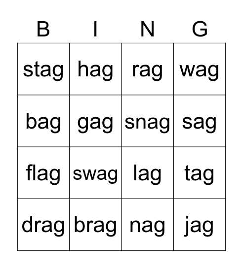 -ag Word Bingo #2, -ag Word Bingo #3, -ag Word Bingo #1, -ag Word Bingo #4 Bingo Card