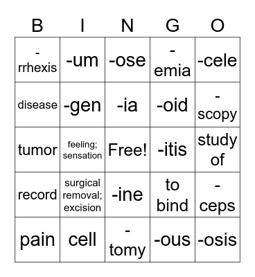Medical Terminology Bingo Card