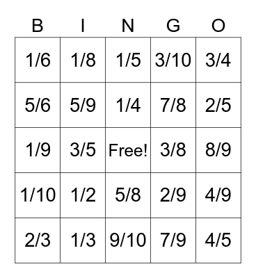 Fraction Bingo Card