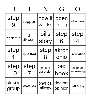 Recovery Bingo Card