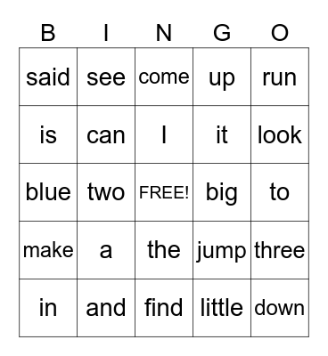 Sight Words Bingo Card