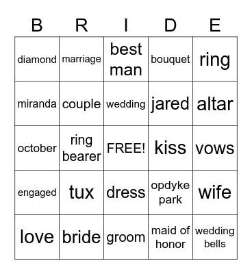 Bridal Shower Bingo! Bingo Card