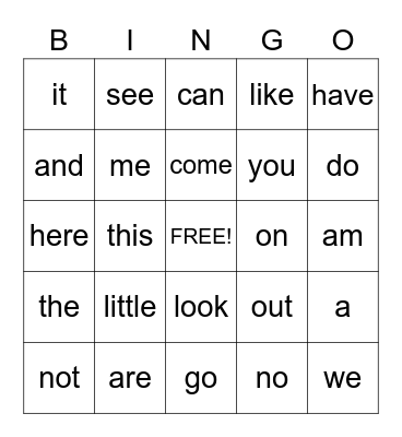 Sight Words Bingo Card