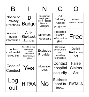 Compliance Bingo Card