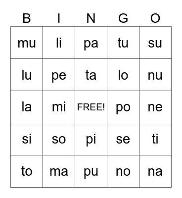 Spanish Syllables Bingo Card