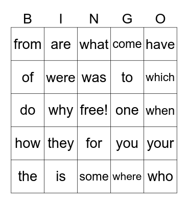 Sight Words Bingo Card