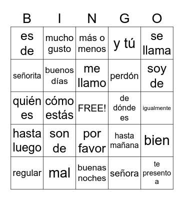 Spanish Bingo Card