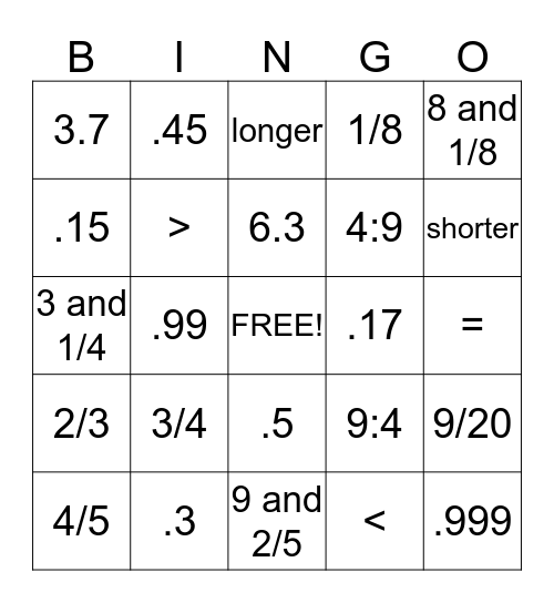 fractions:decimals; decimals:fractions Bingo Card