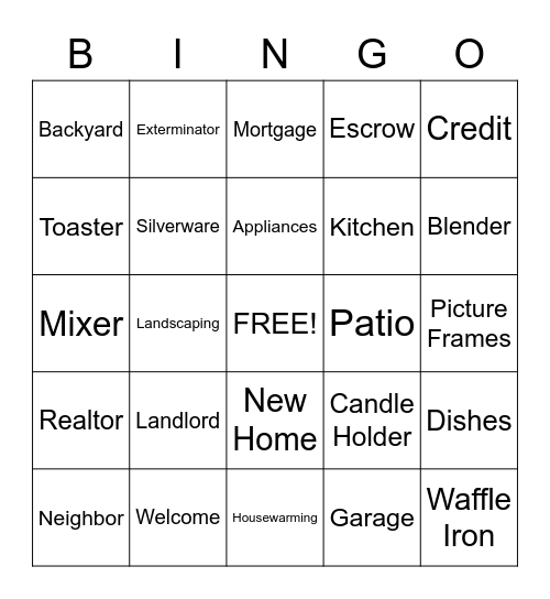 Housewarming Bingo Card