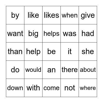 Sight Words Bingo Card