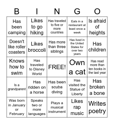 Getting to Know You Bingo Card