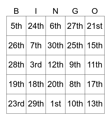 Ordinal Numbers Bingo Card