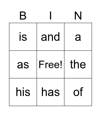 Sight Words Bingo Card
