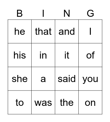 Sight Words Bingo Card