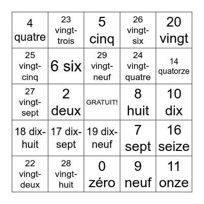 French Numbers Bingo Card