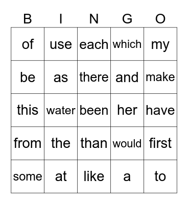 Sight Words Bingo Card