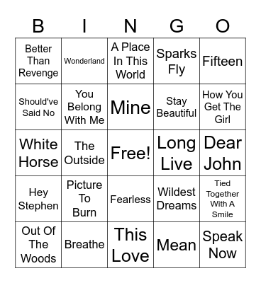Taylor Swift Bingo Card