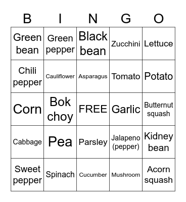 FRUITS AND VEGETABLES, VEGETABLES Bingo Card