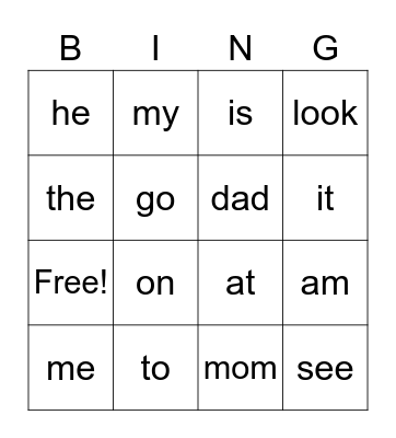 Sight Words Bingo Card