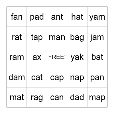 Short A, Oxford Phonics World Book 2, Level 1A Bingo Card