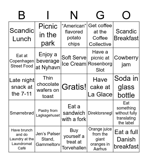 Eat your way through Copenhagen Bingo Card