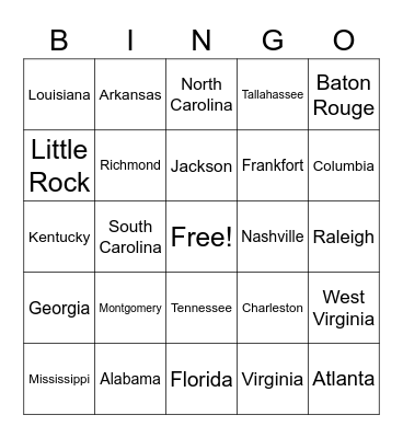 Southeast Region States and Capitals Bingo Card
