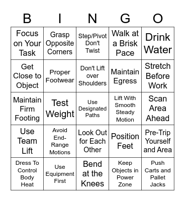 Personal Safety Bingo Card