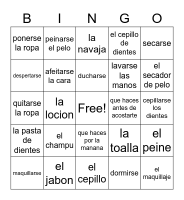 Spanish Personal Hygiene Bingo Card