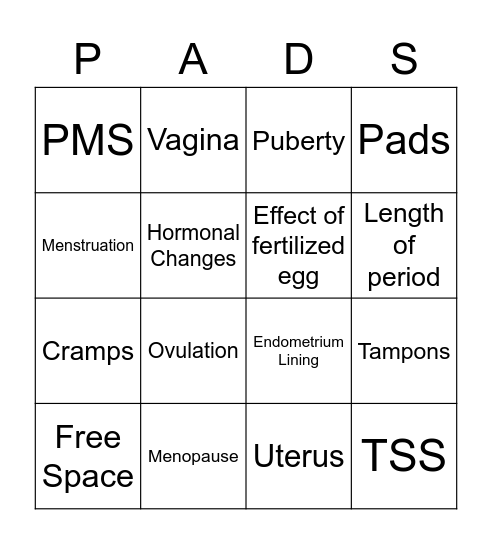 Menstruation Bingo Card