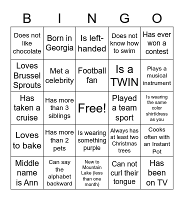 Getting to know you Bingo Card