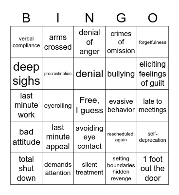 Passive aggressive Bingo Card