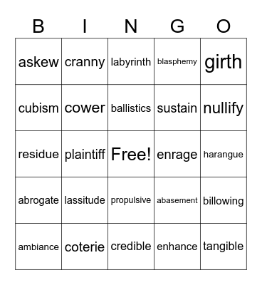 Vocabulary Bingo Card