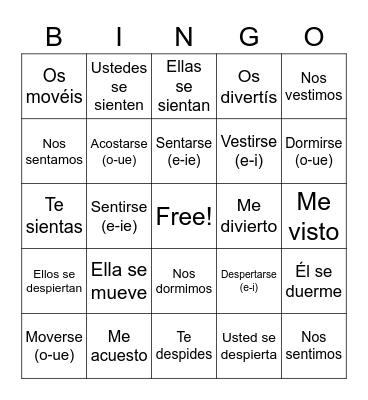 Spanish Words Bingo Card