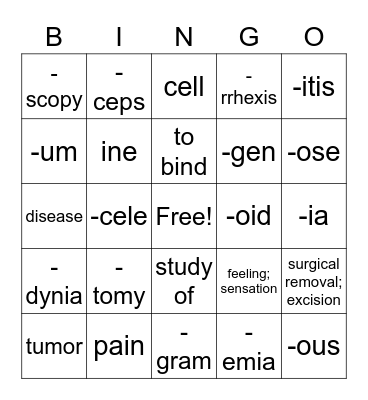 Medical Terminology Bingo Card