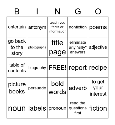Reading and Language Arts Bingo Card