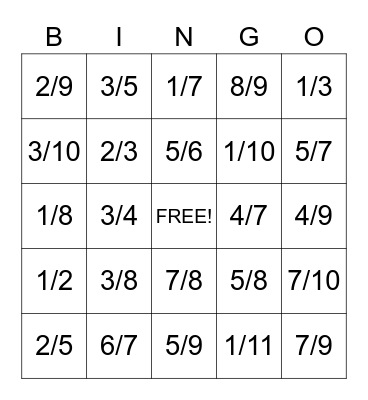 Fraction Bingo Card