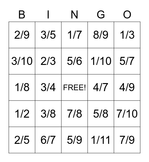 Fraction Bingo Card