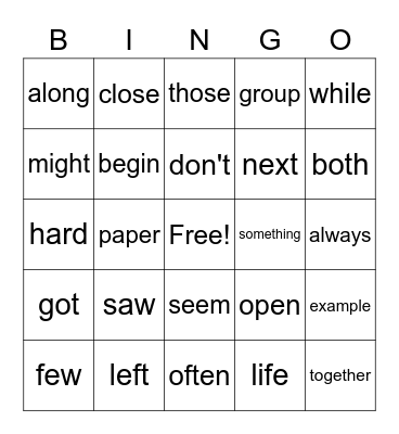 Sight Words Bingo Card