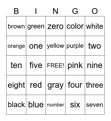 Color and Number Words Bingo Card