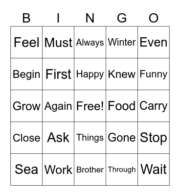 Sight Words Bingo Card
