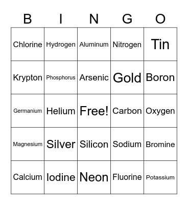 Periodic Table Bingo , Element Challenge  Bingo Card