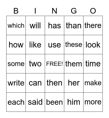 Sight Words 50-75 Bingo Card