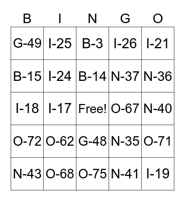 Numbers Bingo Card