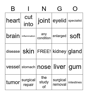 Medical Terminology Bingo Card