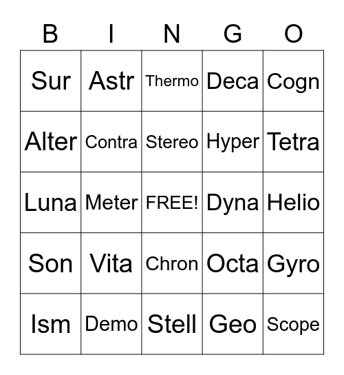 Stem Words Bingo Card