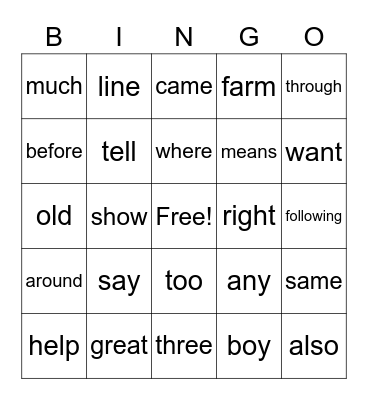 Sight words Bingo Card