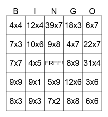 Multiplication Bingo Card