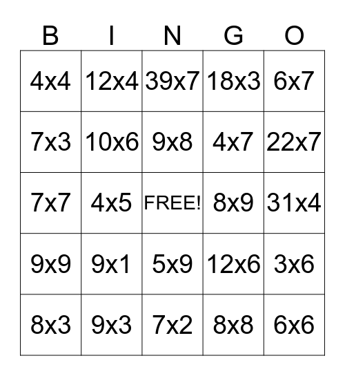 Multiplication Bingo Card