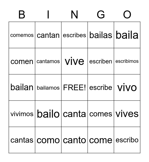 -AR -ER and -IR Endings and Conjugations Bingo Card